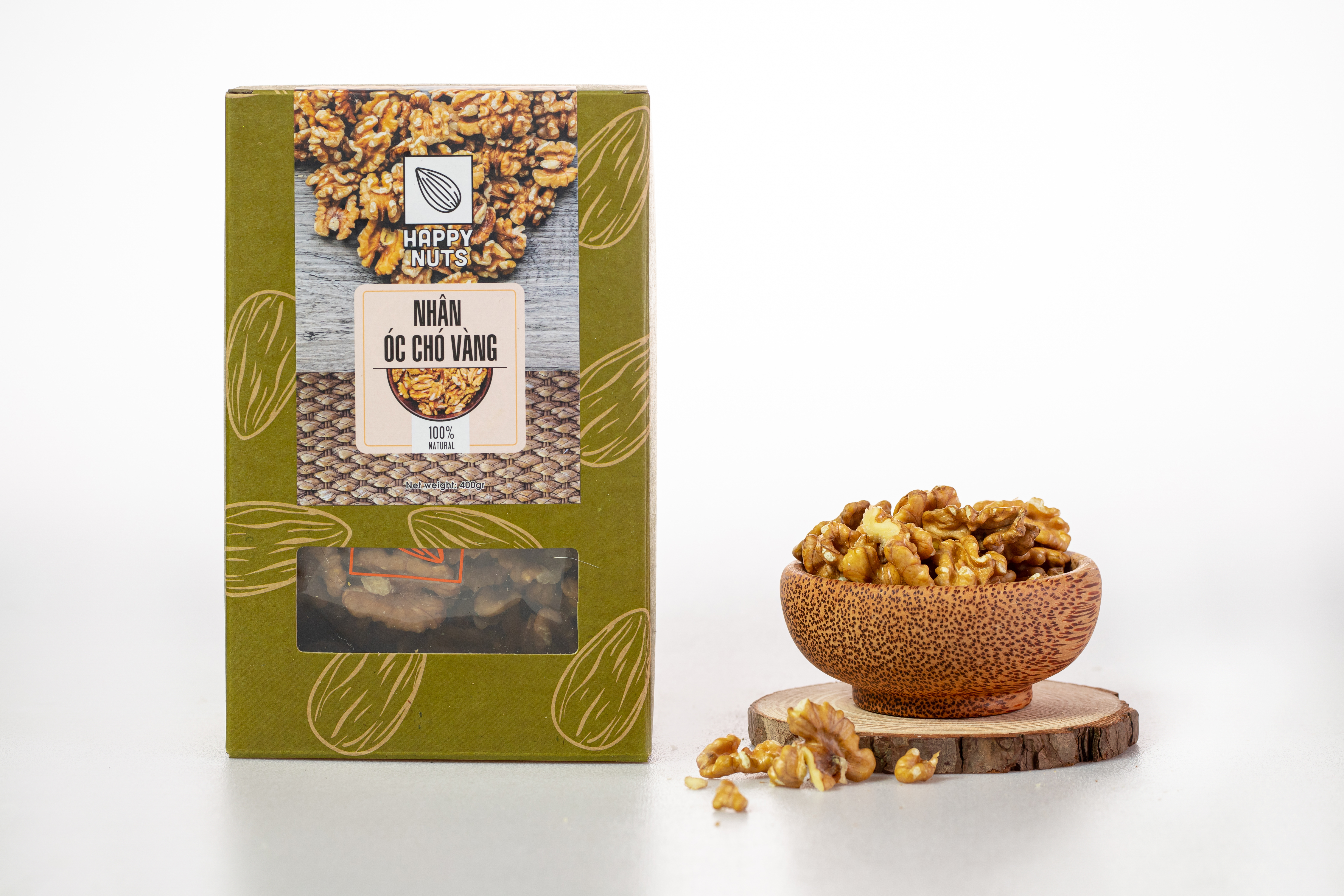 (Tặng 500gr yến mạch) Nhân óc chó vàng Happy Nuts hộp 400gr